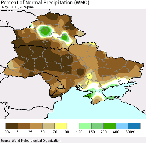 Ukraine, Moldova and Belarus Percent of Normal Precipitation (WMO) Thematic Map For 5/13/2024 - 5/19/2024