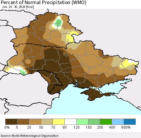 Ukraine, Moldova and Belarus Percent of Normal Precipitation (WMO) Thematic Map For 6/24/2024 - 6/30/2024