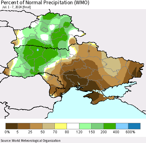 Ukraine, Moldova and Belarus Percent of Normal Precipitation (WMO) Thematic Map For 7/1/2024 - 7/7/2024