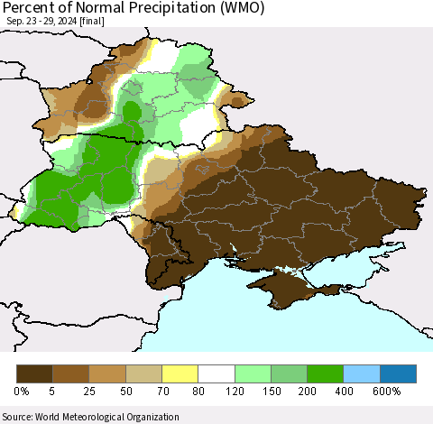 Ukraine, Moldova and Belarus Percent of Normal Precipitation (WMO) Thematic Map For 9/23/2024 - 9/29/2024