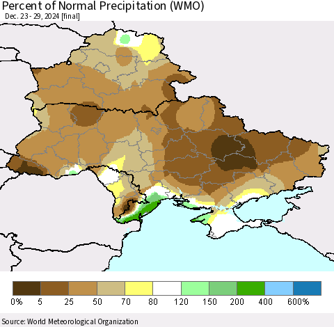 Ukraine, Moldova and Belarus Percent of Normal Precipitation (WMO) Thematic Map For 12/23/2024 - 12/29/2024