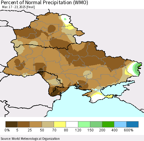 Ukraine, Moldova and Belarus Percent of Normal Precipitation (WMO) Thematic Map For 3/17/2025 - 3/23/2025