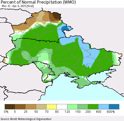 Ukraine, Moldova and Belarus Percent of Normal Precipitation (WMO) Thematic Map For 3/31/2025 - 4/6/2025