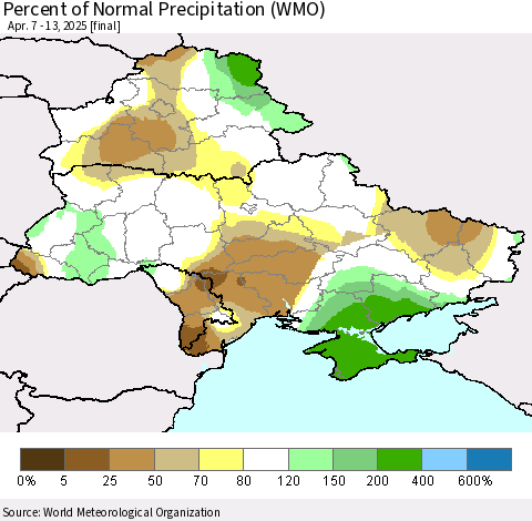 Ukraine, Moldova and Belarus Percent of Normal Precipitation (WMO) Thematic Map For 4/7/2025 - 4/13/2025