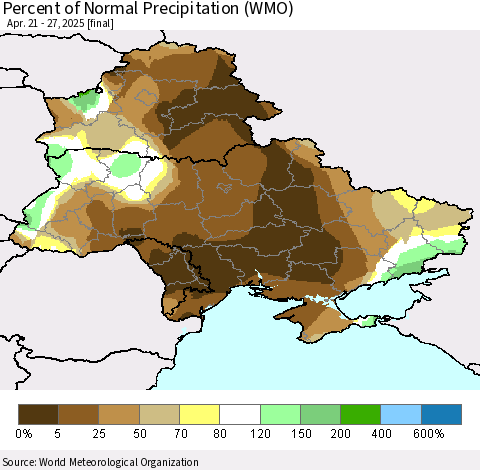 Ukraine, Moldova and Belarus Percent of Normal Precipitation (WMO) Thematic Map For 4/21/2025 - 4/27/2025