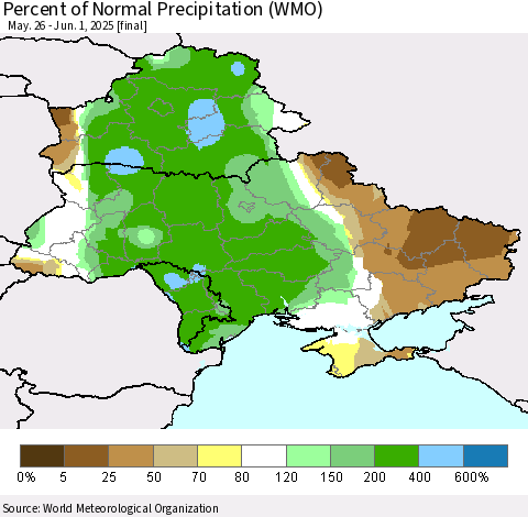 Ukraine, Moldova and Belarus Percent of Normal Precipitation (WMO) Thematic Map For 5/26/2025 - 6/1/2025