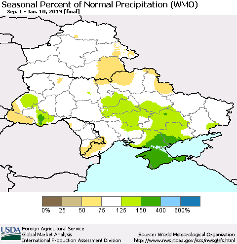 Ukraine, Moldova and Belarus Seasonal Percent of Normal Precipitation (WMO) Thematic Map For 9/1/2018 - 1/10/2019