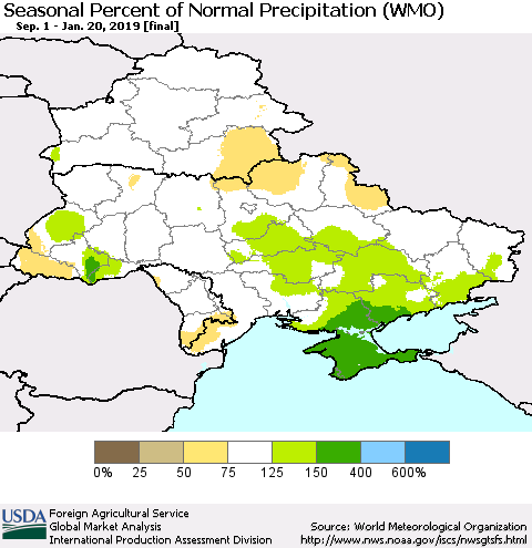 Ukraine, Moldova and Belarus Seasonal Percent of Normal Precipitation (WMO) Thematic Map For 9/1/2018 - 1/20/2019
