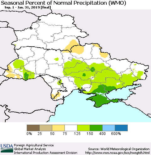 Ukraine, Moldova and Belarus Seasonal Percent of Normal Precipitation (WMO) Thematic Map For 9/1/2018 - 1/31/2019