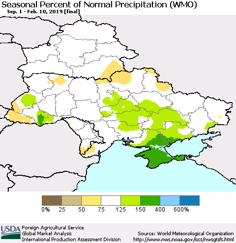 Ukraine, Moldova and Belarus Seasonal Percent of Normal Precipitation (WMO) Thematic Map For 9/1/2018 - 2/10/2019