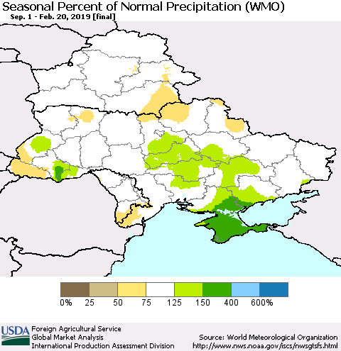 Ukraine, Moldova and Belarus Seasonal Percent of Normal Precipitation (WMO) Thematic Map For 9/1/2018 - 2/20/2019