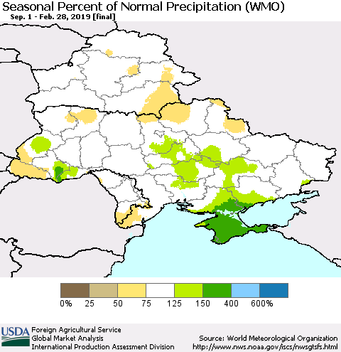 Ukraine, Moldova and Belarus Seasonal Percent of Normal Precipitation (WMO) Thematic Map For 9/1/2018 - 2/28/2019