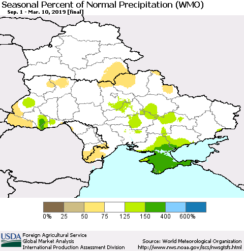 Ukraine, Moldova and Belarus Seasonal Percent of Normal Precipitation (WMO) Thematic Map For 9/1/2018 - 3/10/2019