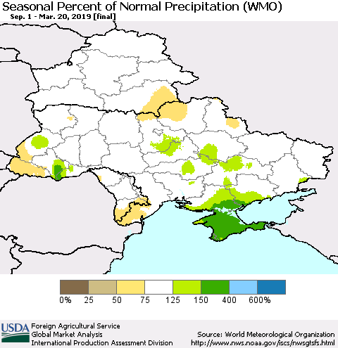Ukraine, Moldova and Belarus Seasonal Percent of Normal Precipitation (WMO) Thematic Map For 9/1/2018 - 3/20/2019