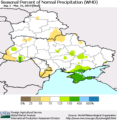 Ukraine, Moldova and Belarus Seasonal Percent of Normal Precipitation (WMO) Thematic Map For 9/1/2018 - 3/31/2019