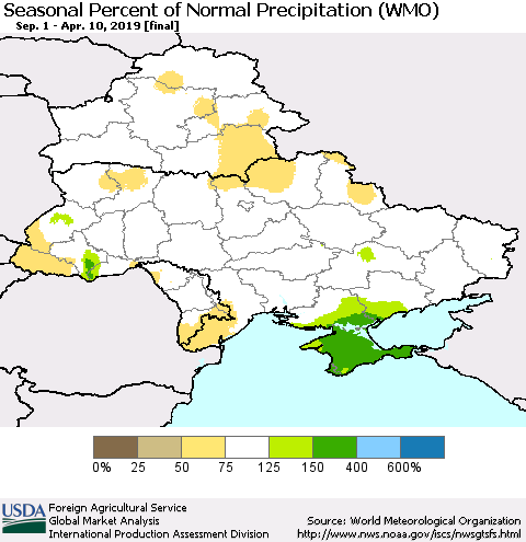 Ukraine, Moldova and Belarus Seasonal Percent of Normal Precipitation (WMO) Thematic Map For 9/1/2018 - 4/10/2019