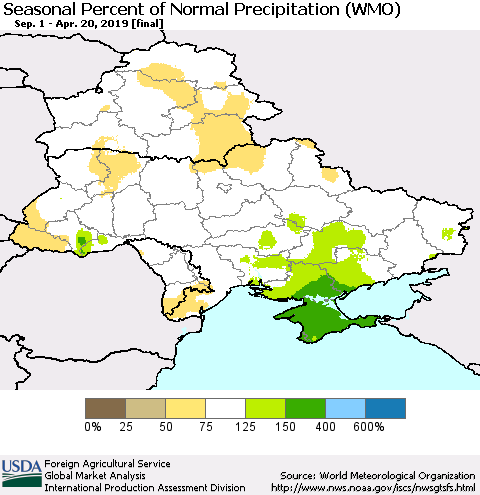 Ukraine, Moldova and Belarus Seasonal Percent of Normal Precipitation (WMO) Thematic Map For 9/1/2018 - 4/20/2019