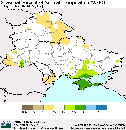 Ukraine, Moldova and Belarus Seasonal Percent of Normal Precipitation (WMO) Thematic Map For 9/1/2018 - 4/30/2019