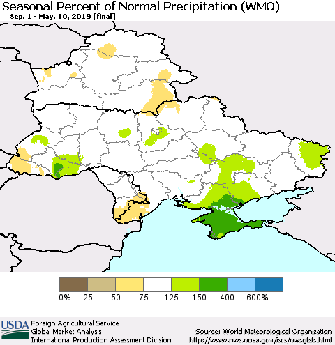 Ukraine, Moldova and Belarus Seasonal Percent of Normal Precipitation (WMO) Thematic Map For 9/1/2018 - 5/10/2019