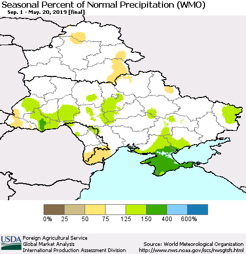 Ukraine, Moldova and Belarus Seasonal Percent of Normal Precipitation (WMO) Thematic Map For 9/1/2018 - 5/20/2019