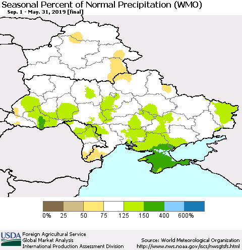 Ukraine, Moldova and Belarus Seasonal Percent of Normal Precipitation (WMO) Thematic Map For 9/1/2018 - 5/31/2019