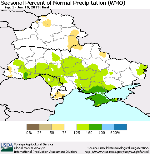 Ukraine, Moldova and Belarus Seasonal Percent of Normal Precipitation (WMO) Thematic Map For 9/1/2018 - 6/10/2019