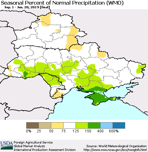 Ukraine, Moldova and Belarus Seasonal Percent of Normal Precipitation (WMO) Thematic Map For 9/1/2018 - 6/20/2019