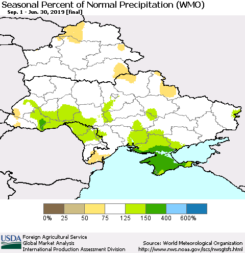 Ukraine, Moldova and Belarus Seasonal Percent of Normal Precipitation (WMO) Thematic Map For 9/1/2018 - 6/30/2019