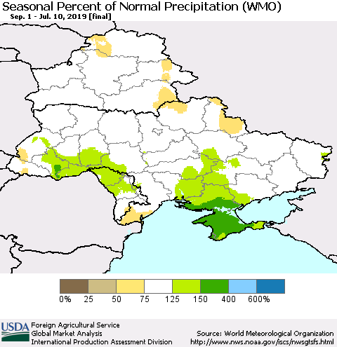 Ukraine, Moldova and Belarus Seasonal Percent of Normal Precipitation (WMO) Thematic Map For 9/1/2018 - 7/10/2019