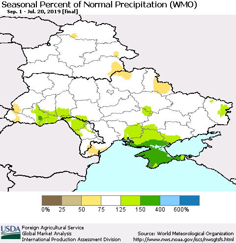 Ukraine, Moldova and Belarus Seasonal Percent of Normal Precipitation (WMO) Thematic Map For 9/1/2018 - 7/20/2019
