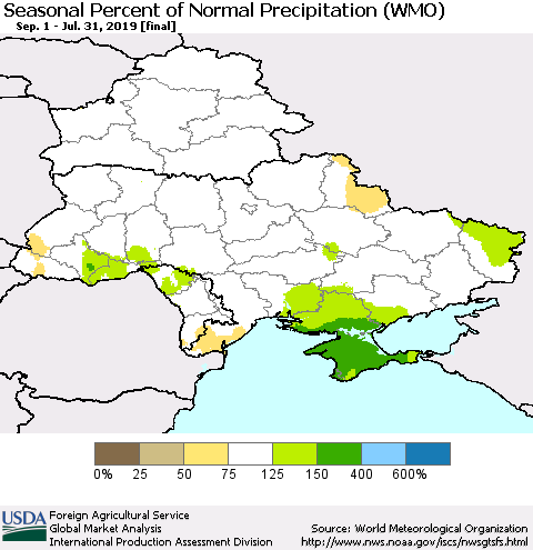 Ukraine, Moldova and Belarus Seasonal Percent of Normal Precipitation (WMO) Thematic Map For 9/1/2018 - 7/31/2019