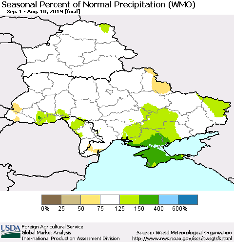 Ukraine, Moldova and Belarus Seasonal Percent of Normal Precipitation (WMO) Thematic Map For 9/1/2018 - 8/10/2019