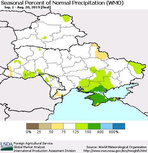 Ukraine, Moldova and Belarus Seasonal Percent of Normal Precipitation (WMO) Thematic Map For 9/1/2018 - 8/20/2019