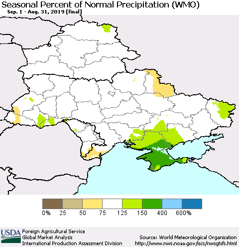 Ukraine, Moldova and Belarus Seasonal Percent of Normal Precipitation (WMO) Thematic Map For 9/1/2018 - 8/31/2019