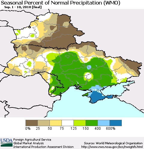 Ukraine, Moldova and Belarus Seasonal Percent of Normal Precipitation (WMO) Thematic Map For 9/1/2018 - 9/10/2018