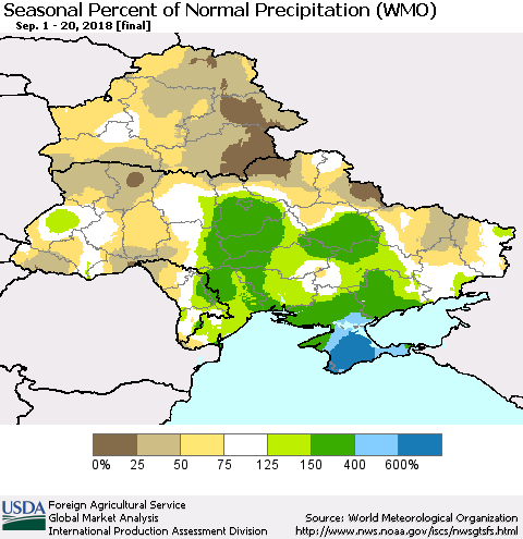 Ukraine, Moldova and Belarus Seasonal Percent of Normal Precipitation (WMO) Thematic Map For 9/1/2018 - 9/20/2018