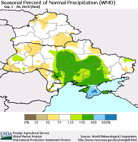 Ukraine, Moldova and Belarus Seasonal Percent of Normal Precipitation (WMO) Thematic Map For 9/1/2018 - 9/30/2018