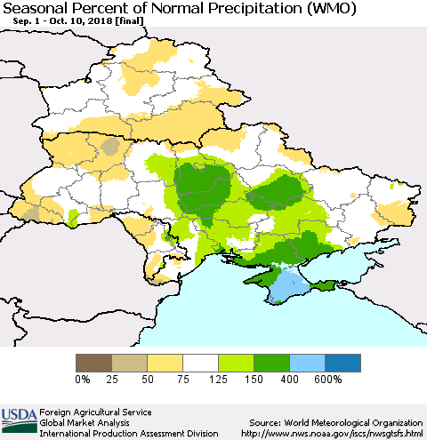 Ukraine, Moldova and Belarus Seasonal Percent of Normal Precipitation (WMO) Thematic Map For 9/1/2018 - 10/10/2018