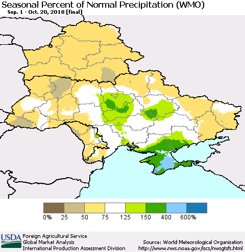 Ukraine, Moldova and Belarus Seasonal Percent of Normal Precipitation (WMO) Thematic Map For 9/1/2018 - 10/20/2018