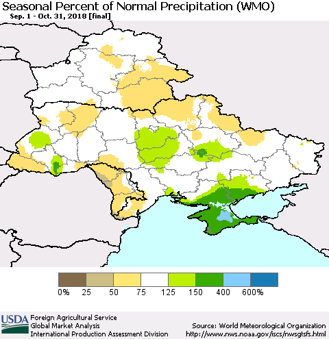 Ukraine, Moldova and Belarus Seasonal Percent of Normal Precipitation (WMO) Thematic Map For 9/1/2018 - 10/31/2018