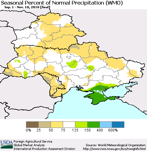 Ukraine, Moldova and Belarus Seasonal Percent of Normal Precipitation (WMO) Thematic Map For 9/1/2018 - 11/10/2018