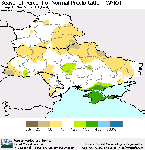 Ukraine, Moldova and Belarus Seasonal Percent of Normal Precipitation (WMO) Thematic Map For 9/1/2018 - 11/20/2018
