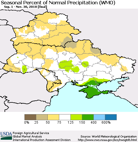 Ukraine, Moldova and Belarus Seasonal Percent of Normal Precipitation (WMO) Thematic Map For 9/1/2018 - 11/30/2018