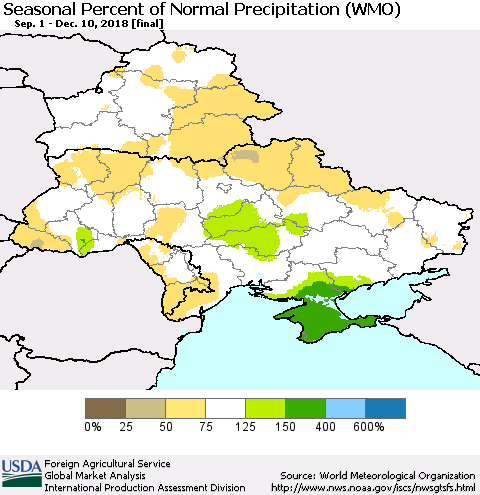 Ukraine, Moldova and Belarus Seasonal Percent of Normal Precipitation (WMO) Thematic Map For 9/1/2018 - 12/10/2018