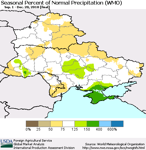 Ukraine, Moldova and Belarus Seasonal Percent of Normal Precipitation (WMO) Thematic Map For 9/1/2018 - 12/20/2018