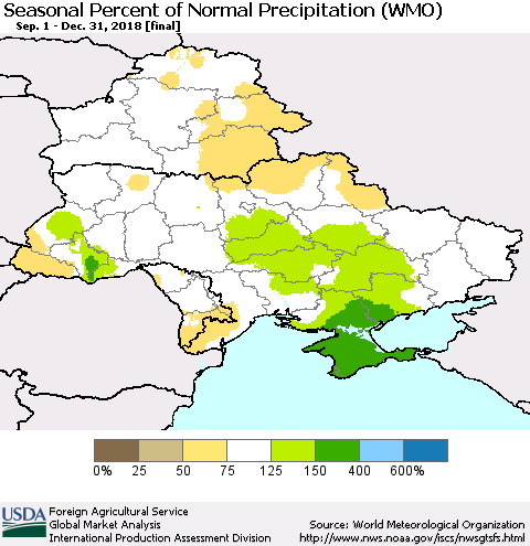 Ukraine, Moldova and Belarus Seasonal Percent of Normal Precipitation (WMO) Thematic Map For 9/1/2018 - 12/31/2018