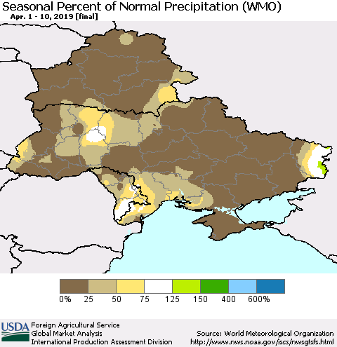 Ukraine, Moldova and Belarus Seasonal Percent of Normal Precipitation (WMO) Thematic Map For 4/1/2019 - 4/10/2019