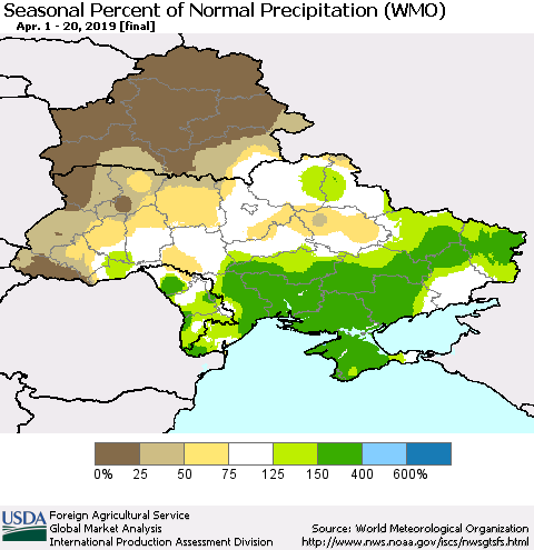 Ukraine, Moldova and Belarus Seasonal Percent of Normal Precipitation (WMO) Thematic Map For 4/1/2019 - 4/20/2019
