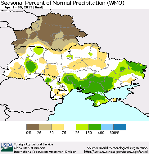 Ukraine, Moldova and Belarus Seasonal Percent of Normal Precipitation (WMO) Thematic Map For 4/1/2019 - 4/30/2019