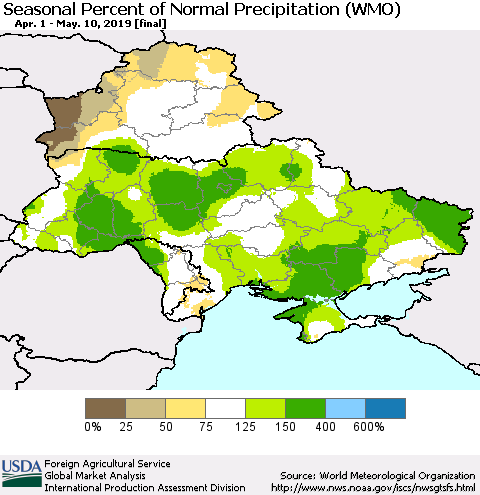 Ukraine, Moldova and Belarus Seasonal Percent of Normal Precipitation (WMO) Thematic Map For 4/1/2019 - 5/10/2019